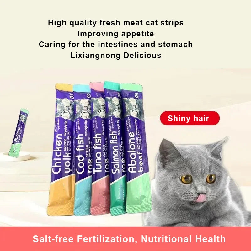 Cat Liquid Snack Strips – 30 Strips in 5 Flavors (Abalone, Salmon, Cod, Tuna & Chicken)