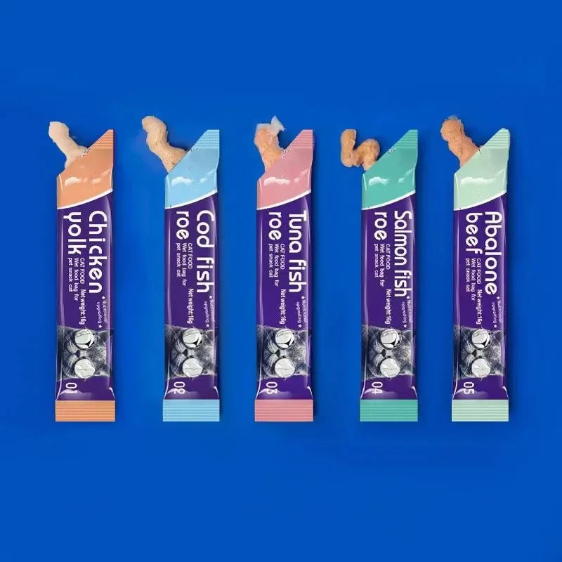 Cat Liquid Snack Strips – 30 Strips in 5 Flavors (Abalone, Salmon, Cod, Tuna & Chicken)