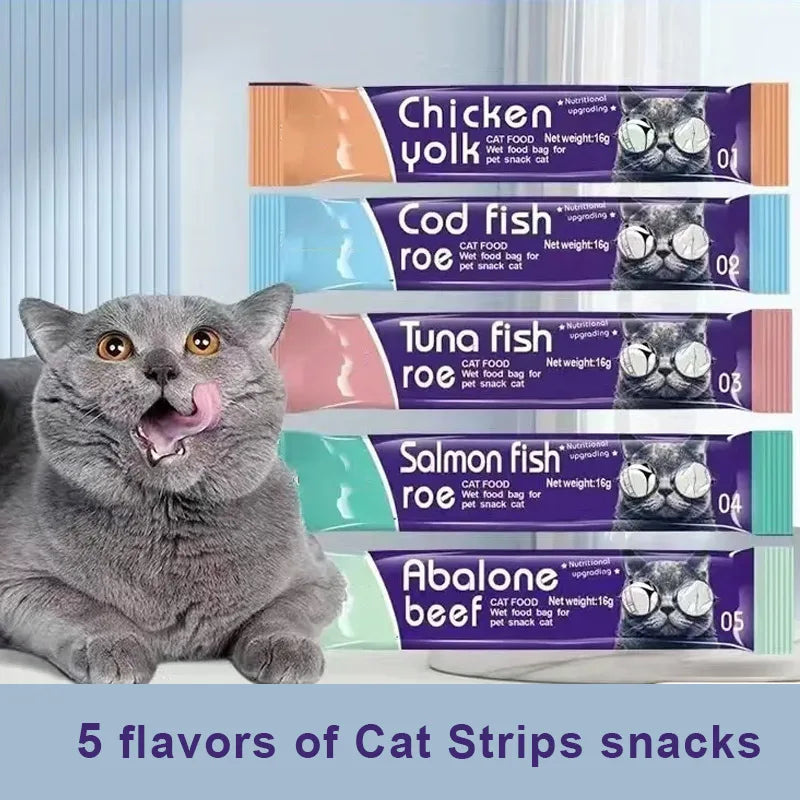 Cat Liquid Snack Strips – 30 Strips in 5 Flavors (Abalone, Salmon, Cod, Tuna & Chicken)